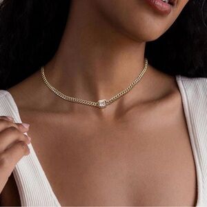 NEW 14K Gold Plated Miami Curb Chain Choker with Cubic Zirconia Charm